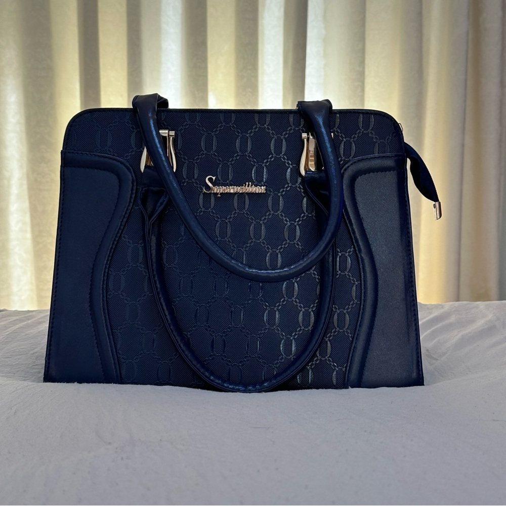 Navy Blue Textured Satchel with Structured Design
